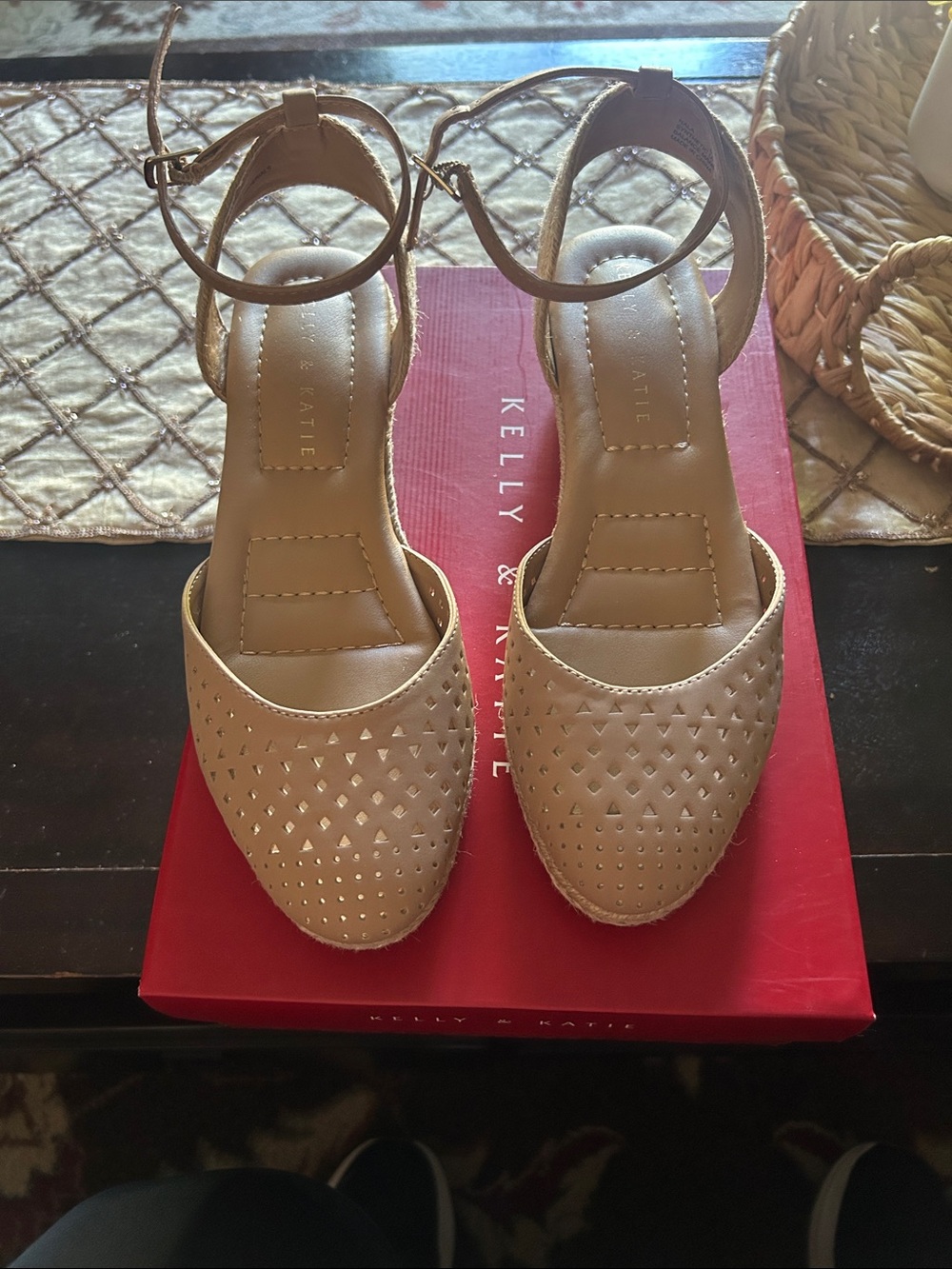 Kelly & Katie Nude Perforated Espadrille Wedge Sandals with Ankle Strap